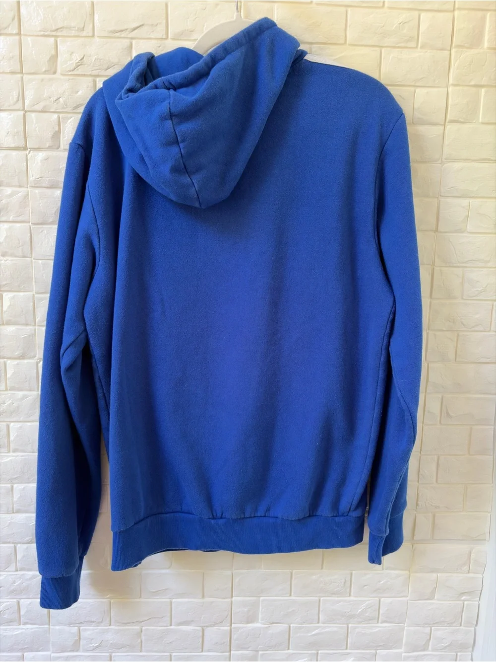 Adidas Blue Hoodie with White Logo and Shoulder Stripes